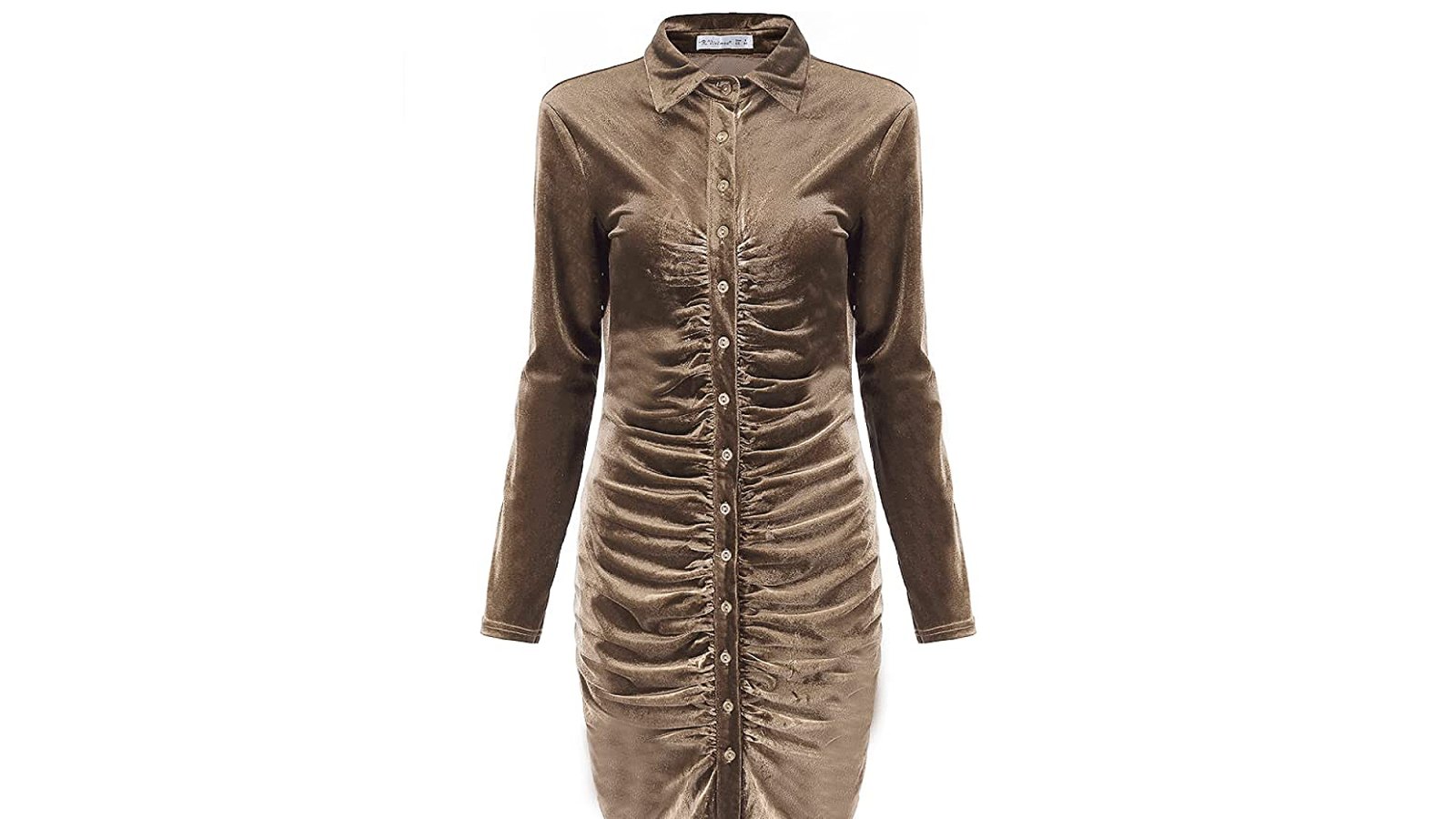 R.Vivimos Women's Long Sleeve Velvet Ruched Button Down Mini Dress