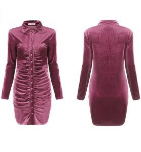 R.Vivimos Women's Long Sleeve Velvet Ruched Button Down Mini Dress