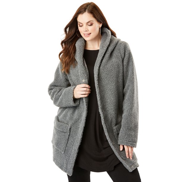 Roaman's Women's Plus Size Hooded Textured Fleece Coat