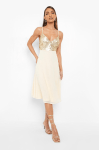 Strappy Sequin Midi Skater Dress