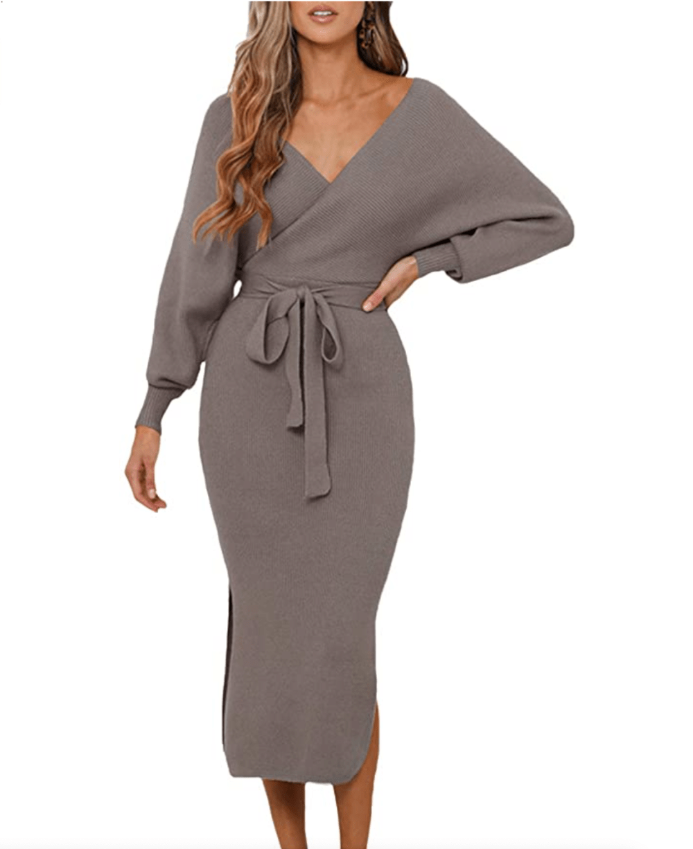 Viottiset Women's V Neck Long Batwing Sleeve Wrap Midi Knit Sweater Dress