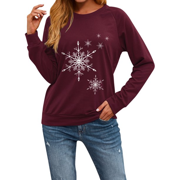 ZXZY Women Snowflake Print Long Sleeve Round Neck Pullover Top