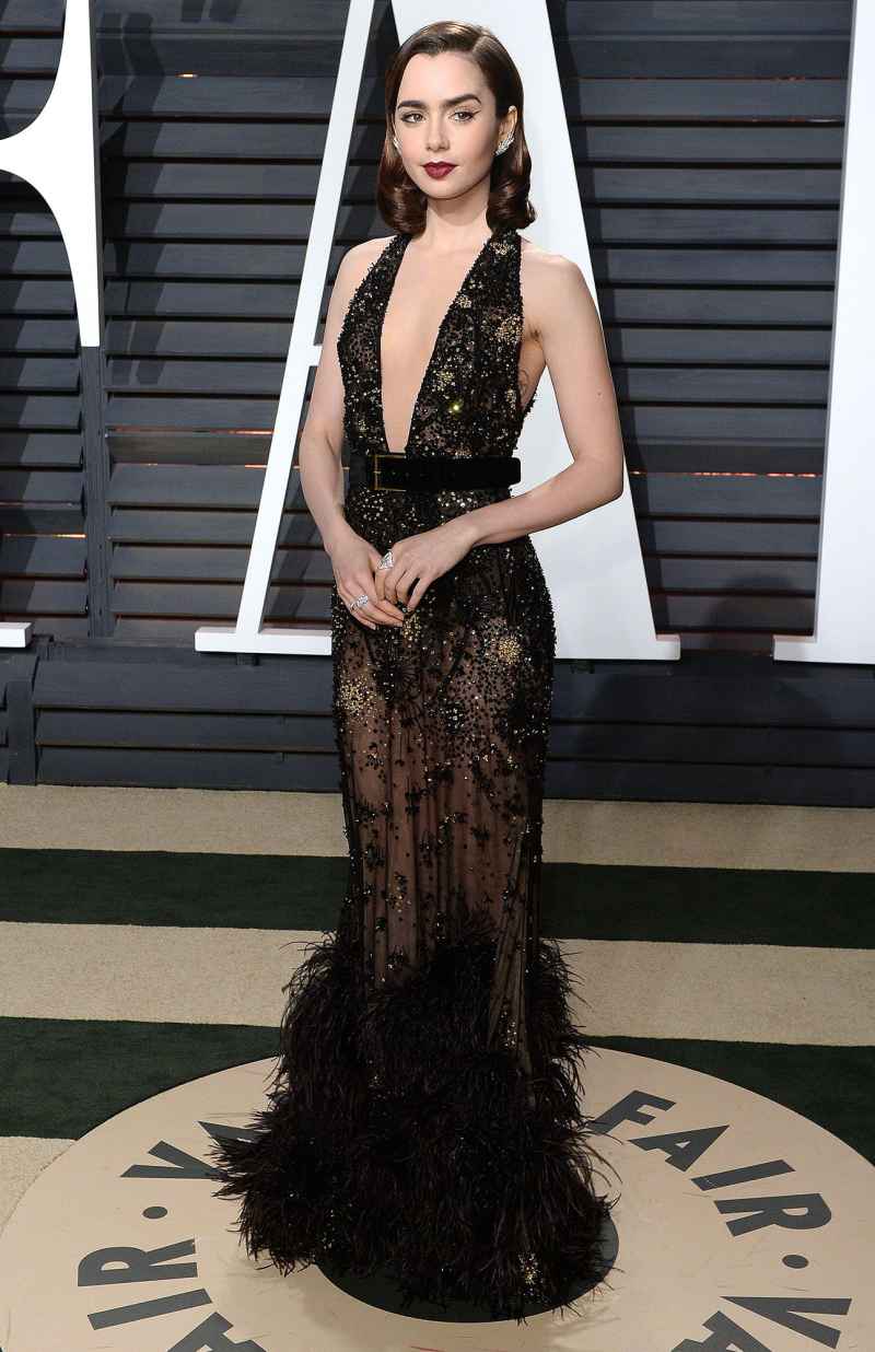 2017 Vanity Fair Oscar Party Lily Collins Dramatic Fashion Evolution Through the Years