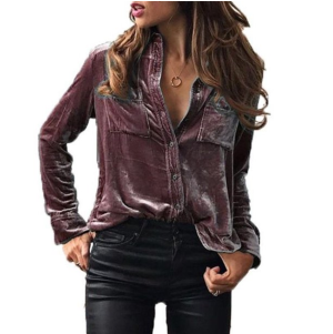 Girlmarket Women's Velvet Long Sleeve Button Down Blouse