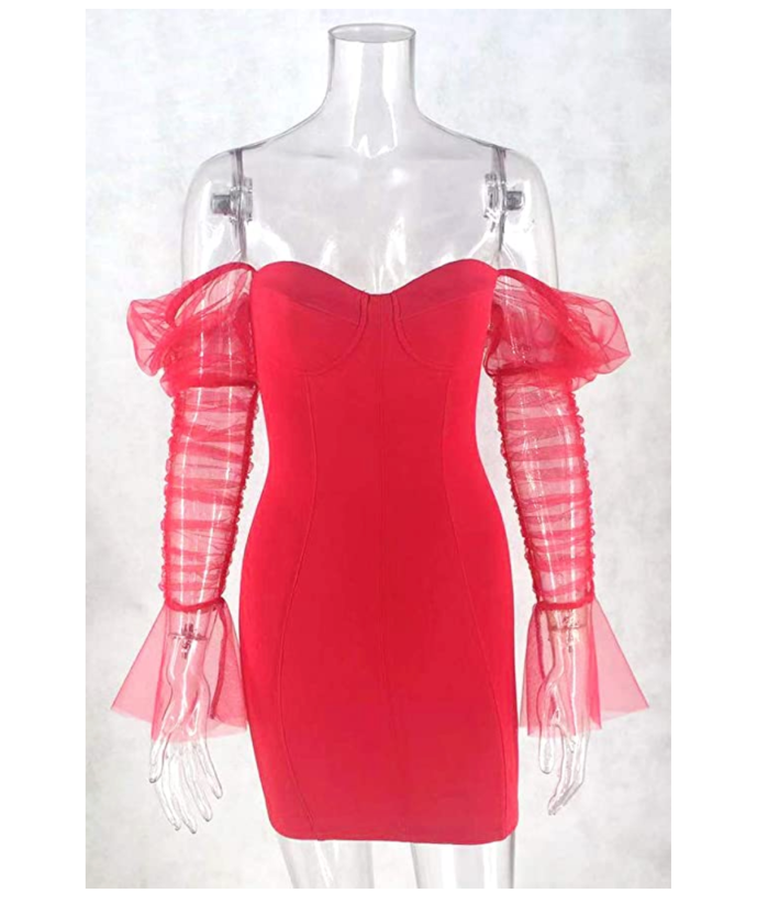 L'VOW Sexy, durchsichtiges, transparentes, langärmliges Club-Kleid aus Netzstoff mit Puffärmeln