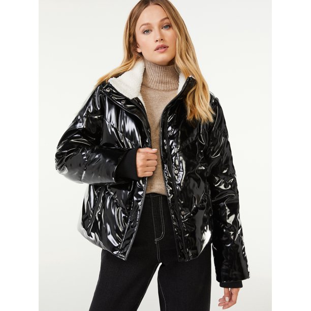 Scoop Women's High-Shine Faux Leather Puffer Jacket
