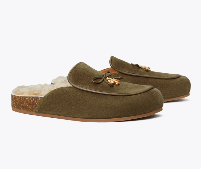 Shearling mules with Tory charm