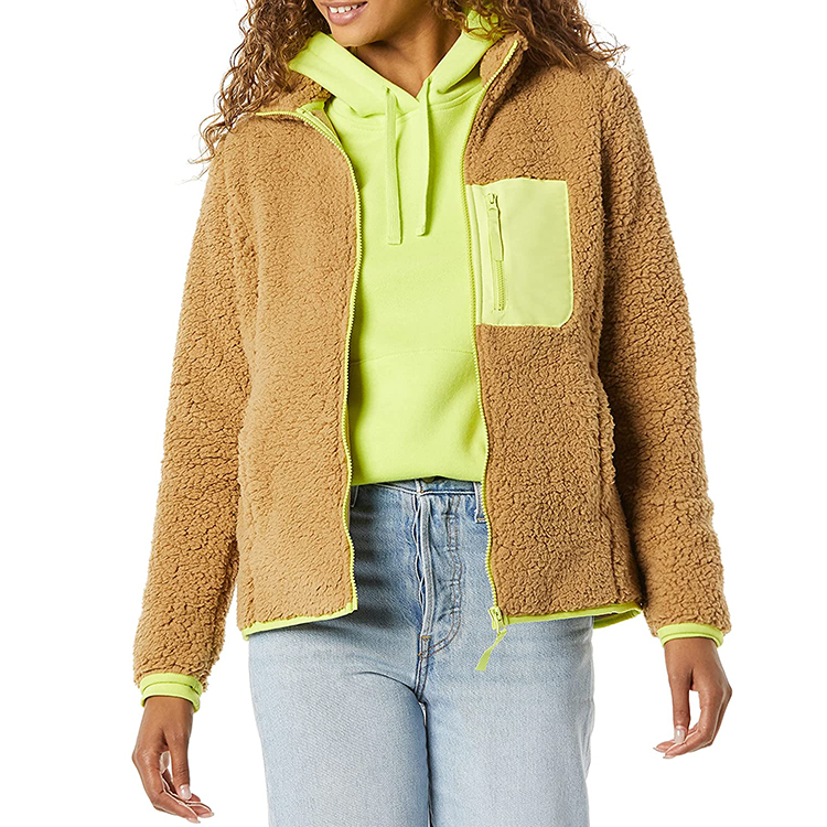 camel and lime green Sherpa jacket