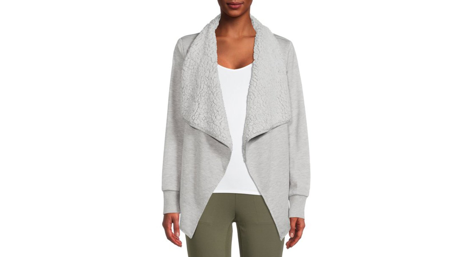 grey cardigan, sweater, sherpa-lined