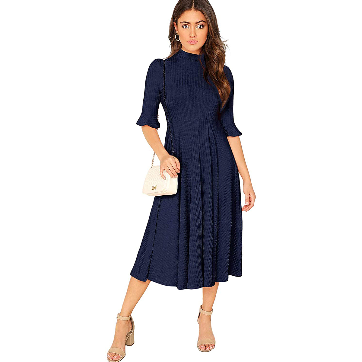 Verdusa Women's Elegant Ribbed Knit Bell Sleeve Fit and Flare Midi Dress 