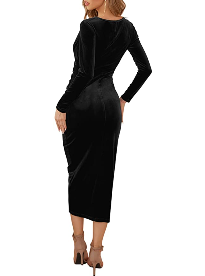 DIRASS elegant velvet long sleeve wrap dress for women
