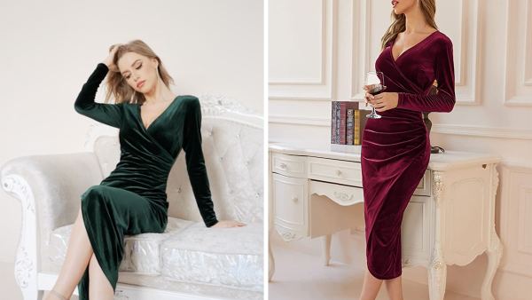 DIRASS Women's Elegant Velvet Long Sleeve Wrap Dress