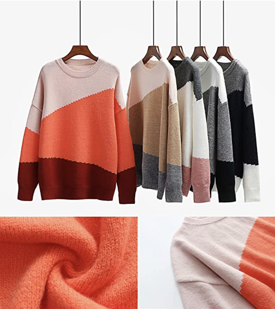 ECOWISH Long Sleeve Patchwork Color Block Knit Sweater