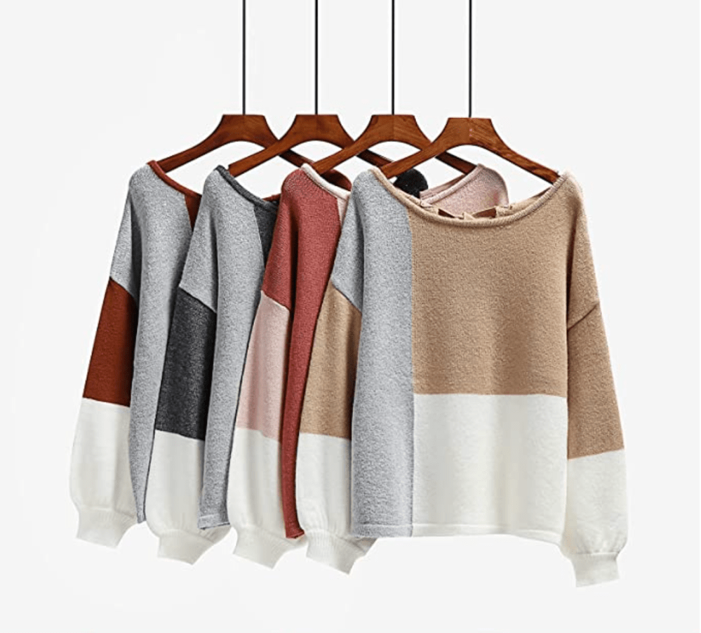 ECOWISH Long Sleeve Patchwork Color Block Knit Sweater