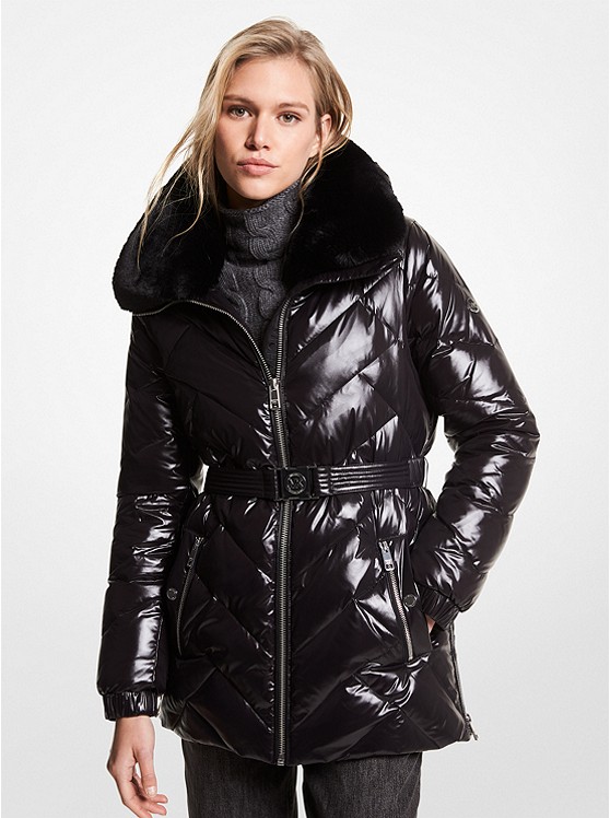 Faux Fur Trim Chevron Quilted Nylon Belted Puffer Coat