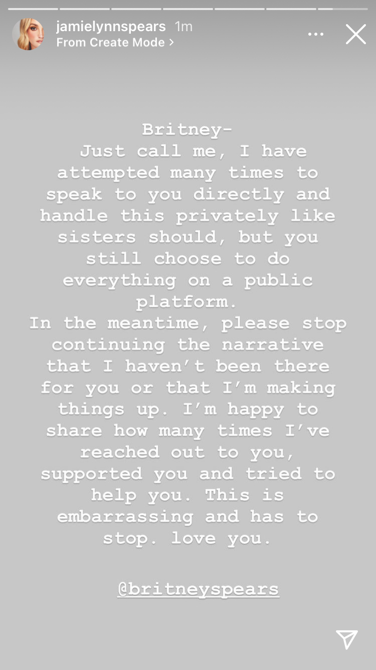 Jamie Lynn Spears Instagram Story message to Britney.