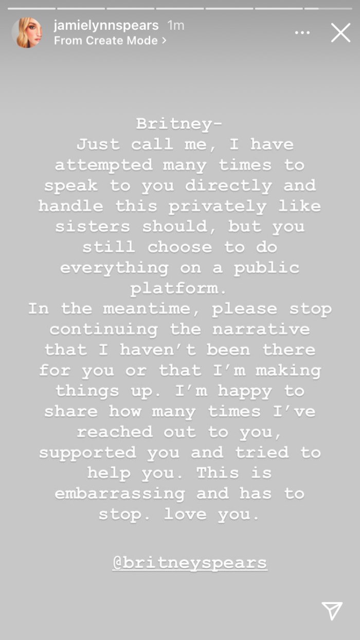 Jamie Lynn Spears Instagram Story message to Britney.