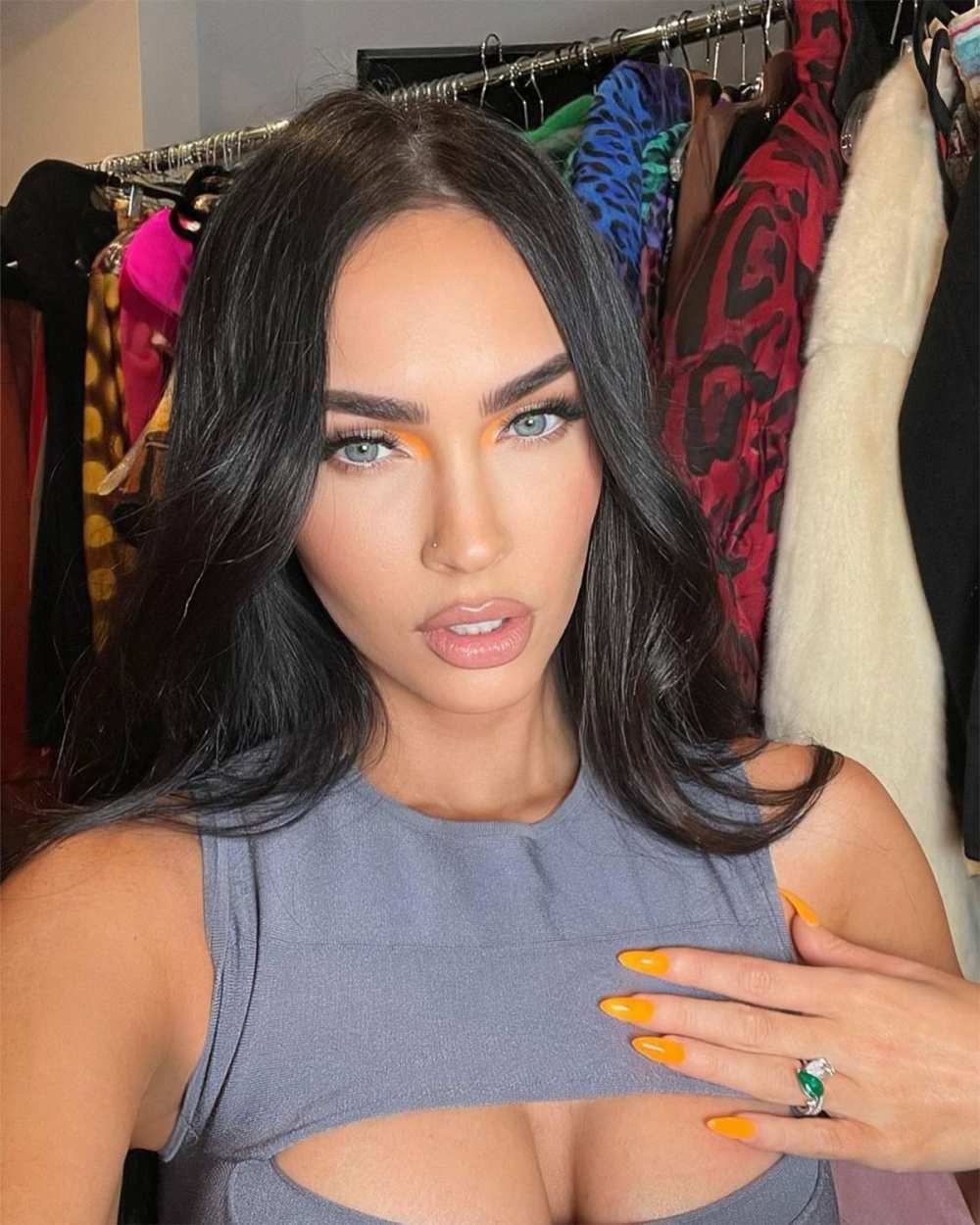 Megan Fox Put Her Own Spin on Euphoria High Glam Neon Nails Graphic Eye Engagement Ring 3