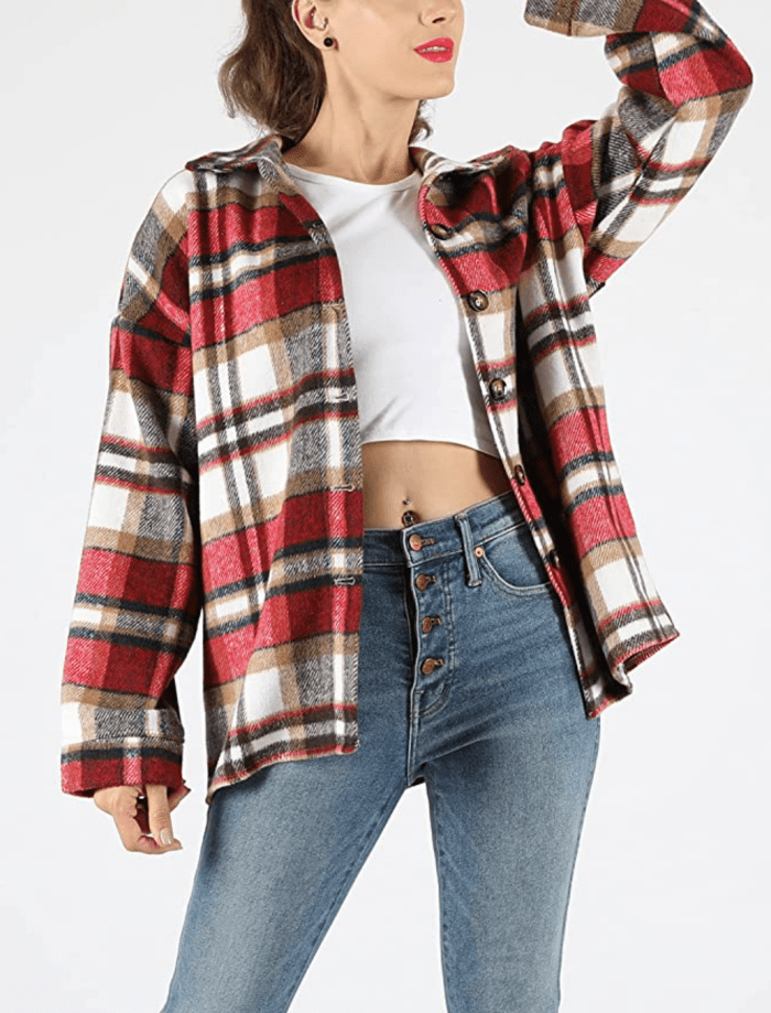 Yeokou Women's Fall Color Block Plaid Flannel Shacket