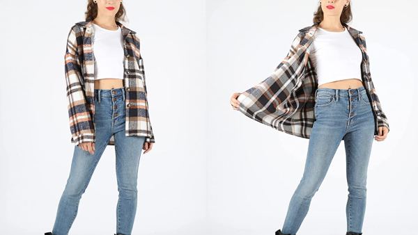 Yeokou Women's Fall Color Block Plaid Flannel Shacket