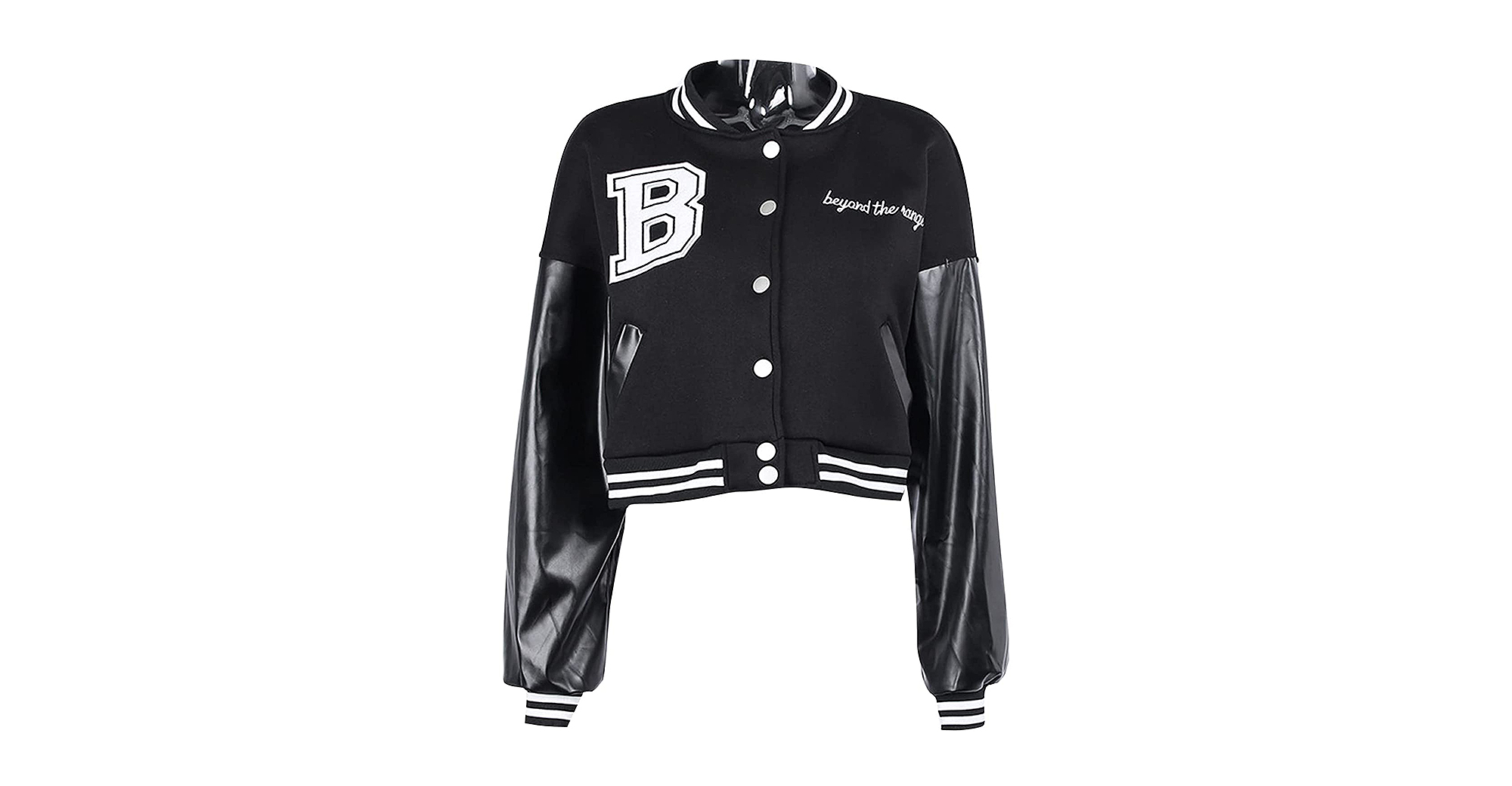 black varsity letterman jacket with white crop top and sweatpants