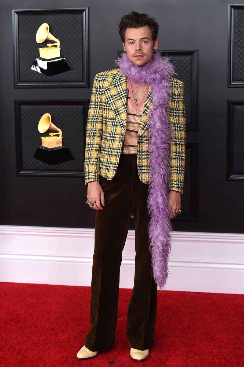 Harry Styles 63rd annual Grammy Awards Clueless Yellow Llaid Gucci Blazer Purple Boa Brown Corduroys