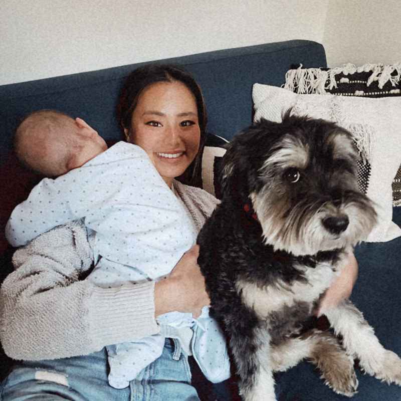 Jamie Chung’s Newborn Son Cuddles Up With Family Dog