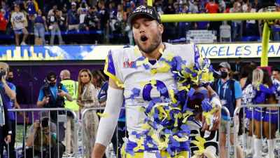 Matthew Stafford celebrates the Los Angeles Rams' Super Bowl victory with his children