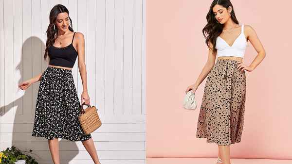 Floerns Women's Printed Elastic Waist A Line Pleated Skirt