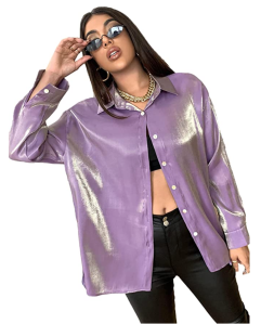 MakeMeChic Women's Oversized Satin Silk Button Down Shirt