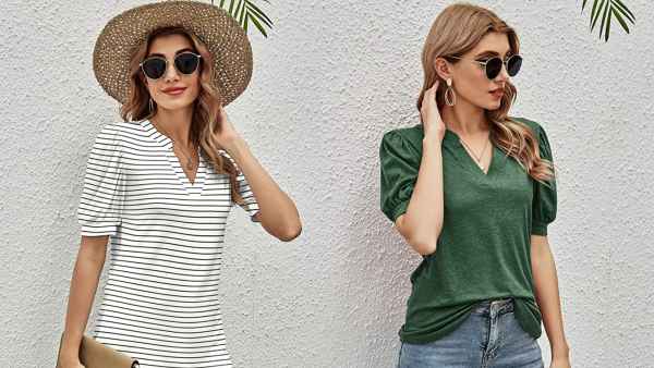 Romanstii Women's V-Neck Puff Short-Sleeve Top