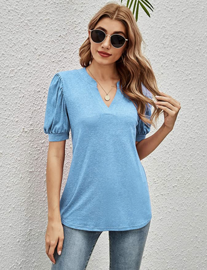 Romanstii Women's V-Neck Puff Short-Sleeve Top
