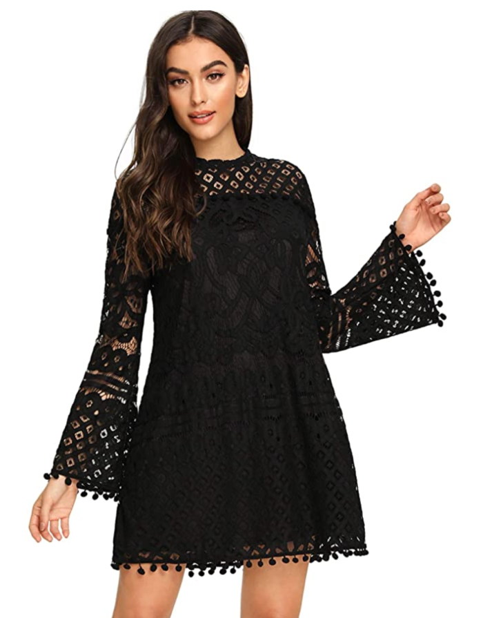 11 Ultra-Flattering Spring Wedding Guest Dresses Under $100 10 SheIn Women's Crochet Pom-pom Sheer Lace Bell Sleeve Dress