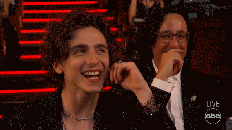 NEW PROMO: Timothee! Jake! See the Funniest Celeb Reactions at the Oscars 2022 Timothee Chalamet at the Oscars 2022 Hosts Regina Hall, Amy Schumer and Wanda Sykes couldn't hold back when the Dune star was in the audience at the 94th annual Academy Awards in March 2022. Schumer joked about how much he aged during the coronavirus pandemic, and the camera cut to J.K. Simmons. 