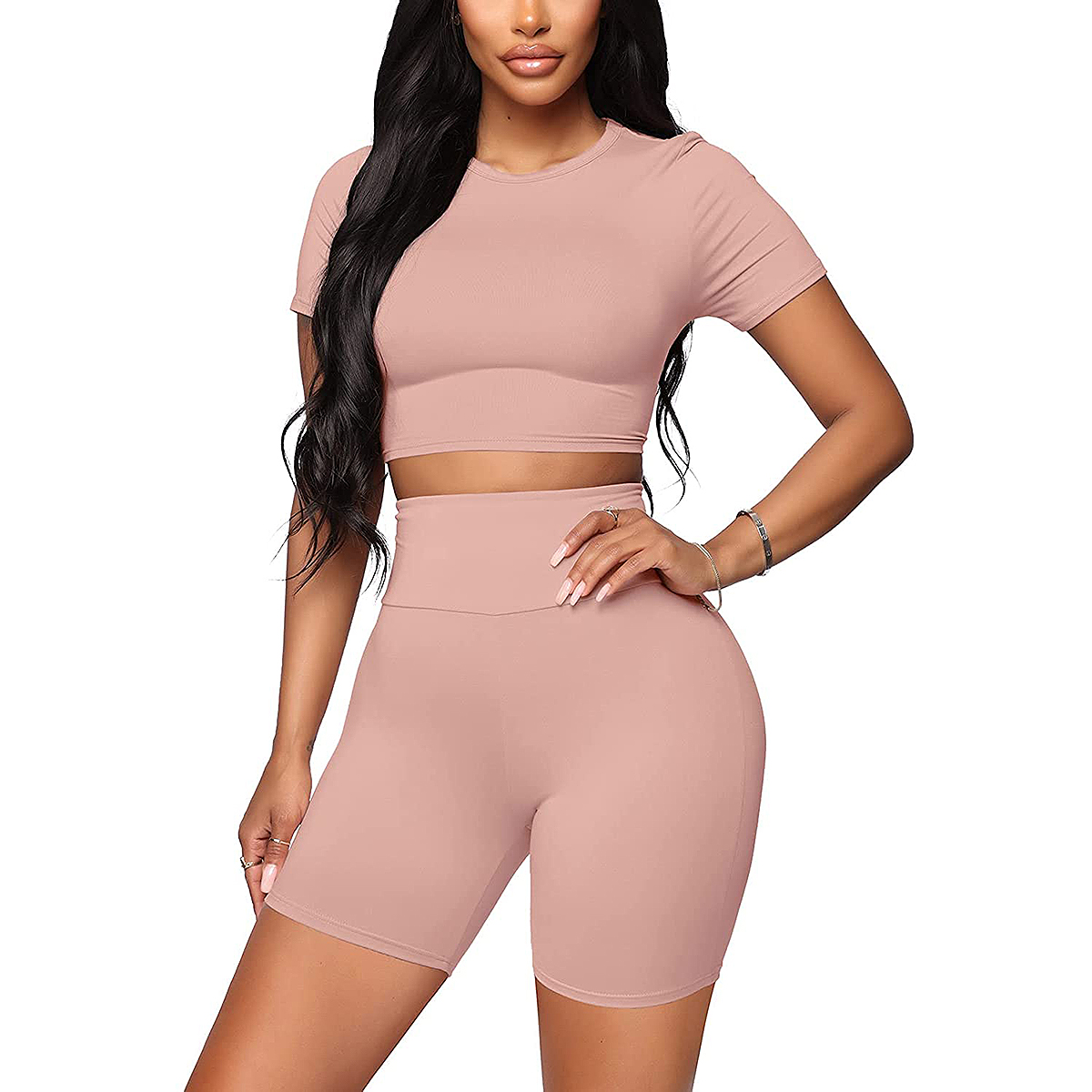 WIHOLL Two Piece Outfits for Women Summer Casual V Neck Oversized T Shirt Top Sweatsuits Biker Shorts Set 