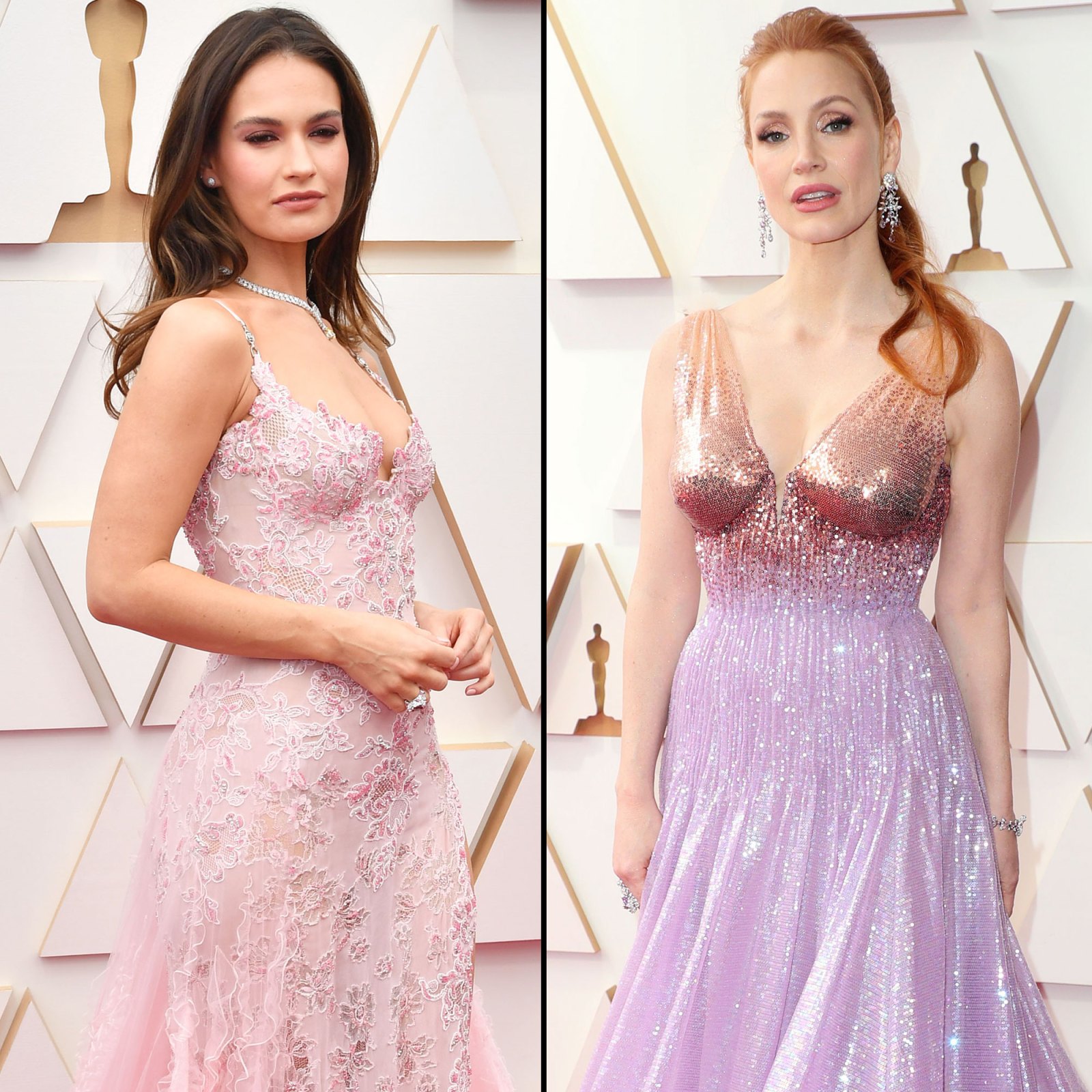 oscars 2022 red carpet Jessica Chastain Lily James