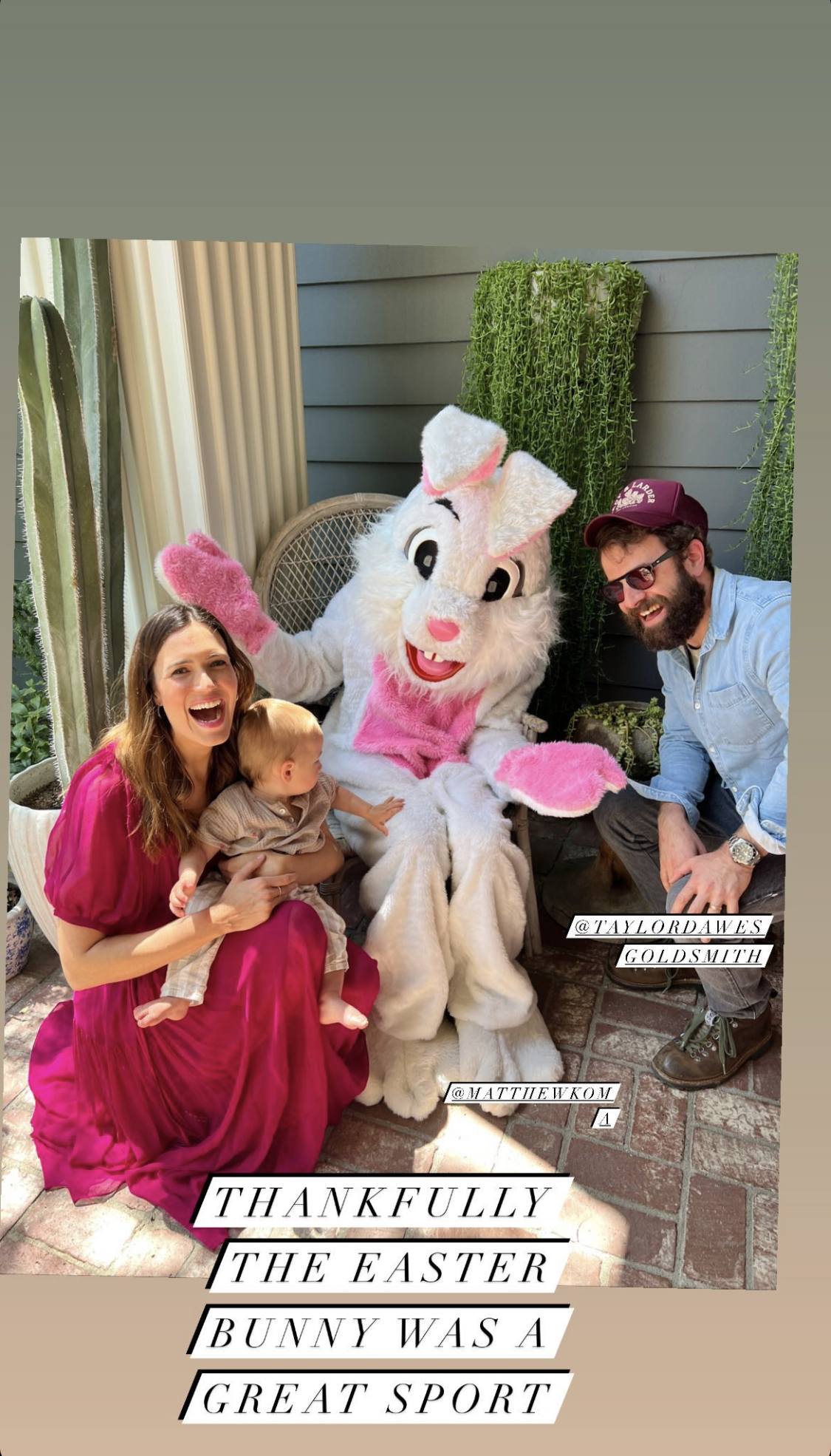 Mandy Moore and Taylor Goldsmith with Gus on Easter