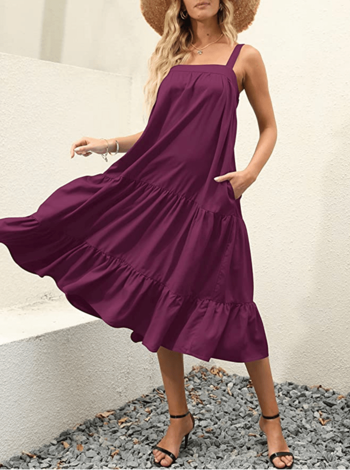 LOGENE Women's Sleeveless Adjustable Strap Tiered Layer Dress