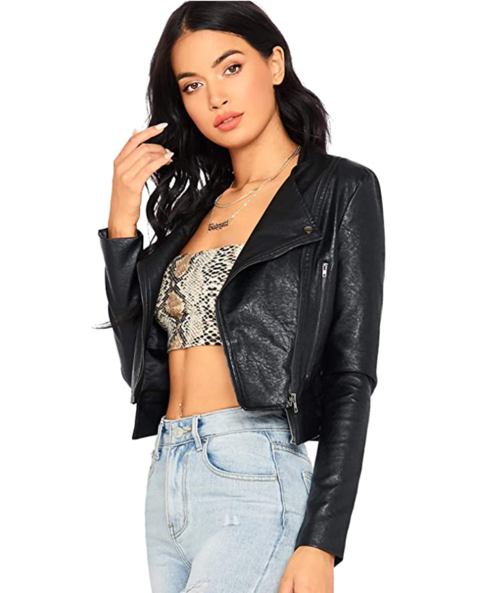 SheIn Women's Zipper Front Casual PU Leather Cropped Jacket