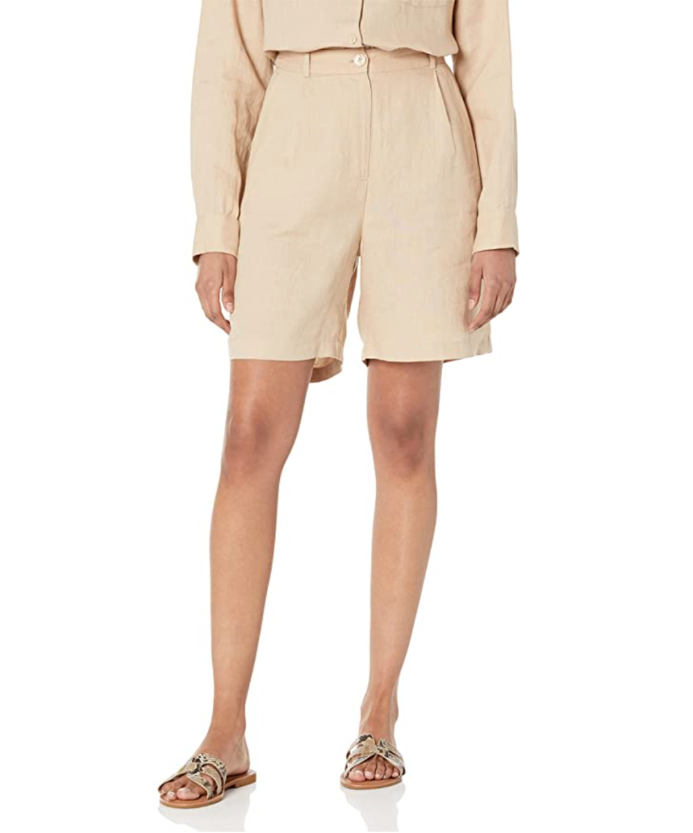 The Drop Women's Millie Loose-Fit Pleated Long Linen Shorts