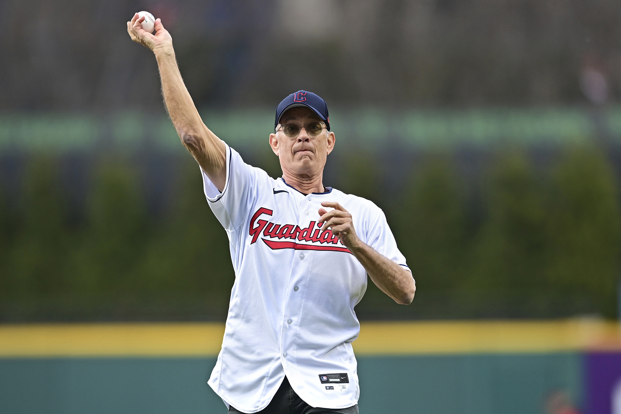 Tom Hanks Brings 'Cast Away' Volleyball Wilson to Help Throw Out 1st Pitch at Cleveland Guardians Game