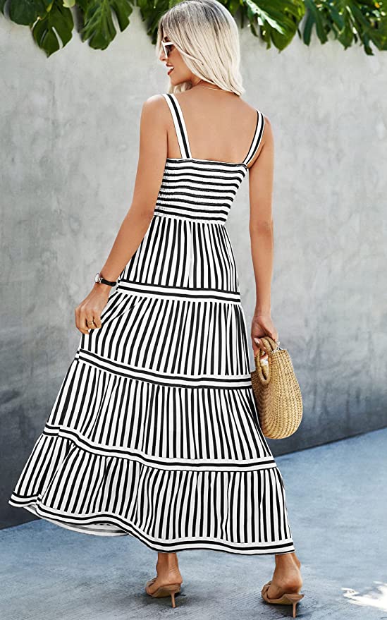 AOVDE Women's Striped Spaghetti Strap Maxi Dress