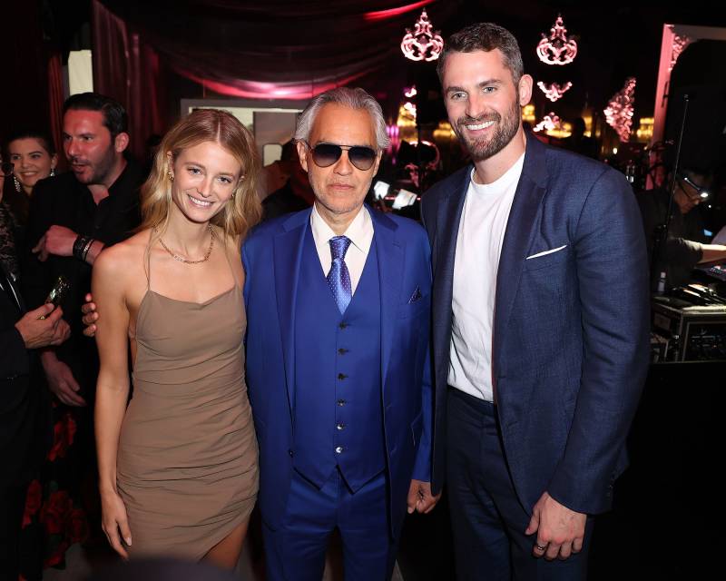 Kate Bock, Andrea Bocelli, and Kevin Love attend American Express Presents CARBONE BEACH by Major Food Group on Thursday, May 5, 2022