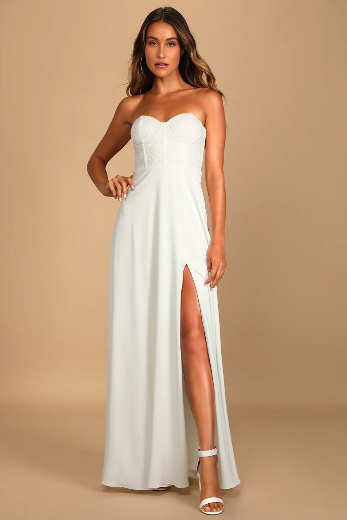 Perfect Vows White Lace Strapless Bustier Maxi Dress