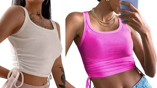 Artfish Women's Ribbed Drawstring Ruched Crop Tank Top