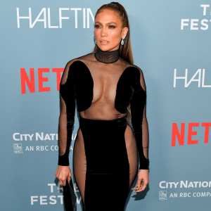 Jennifer Lopez in Naked Dress at Halftime Premiere