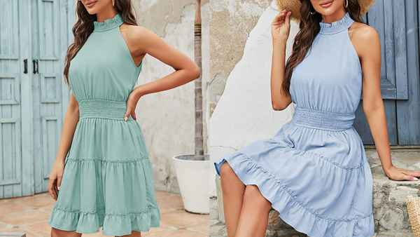 MEROKEETY Women's Halter Neck A Line Ruffle Mini Dress