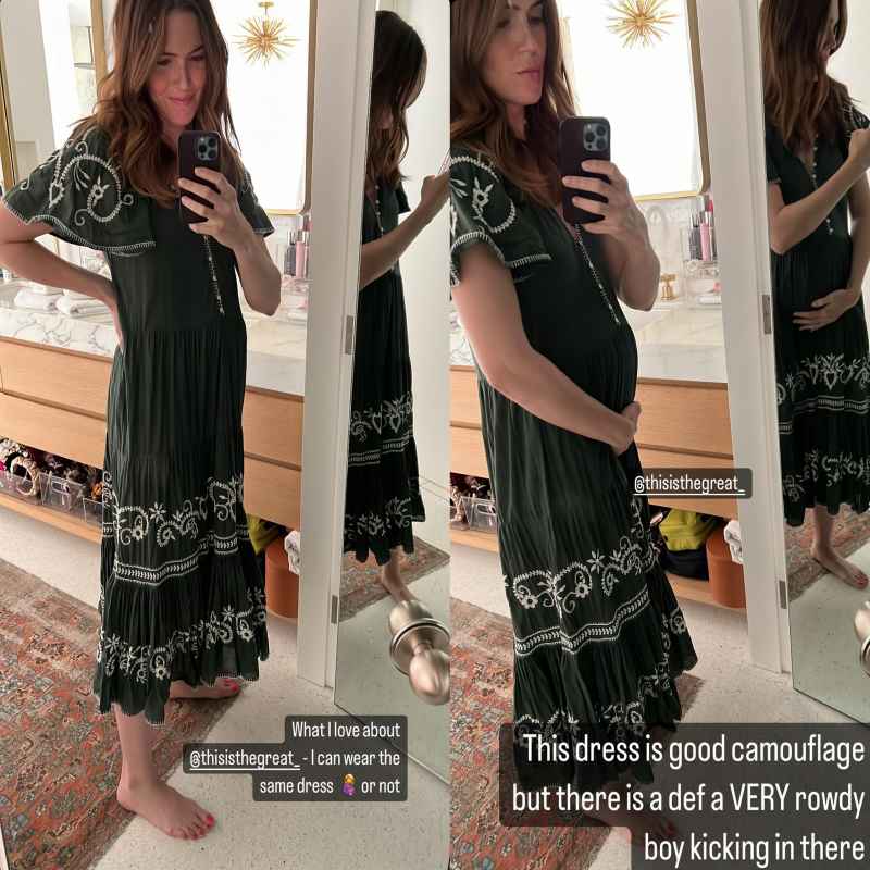 Mandy Moore shows her baby bump in a green dress