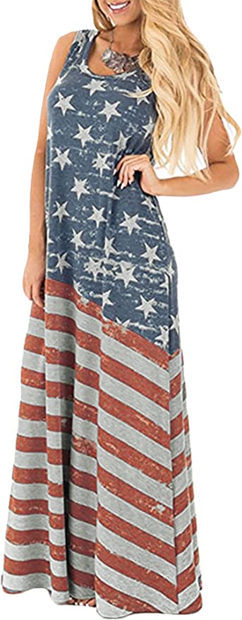 Spadehill Women's 4th of July American Flag Summer Maxi Dress