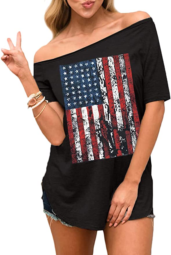 Spadehill Women's 4th of July American Flag Off Shoulder Top